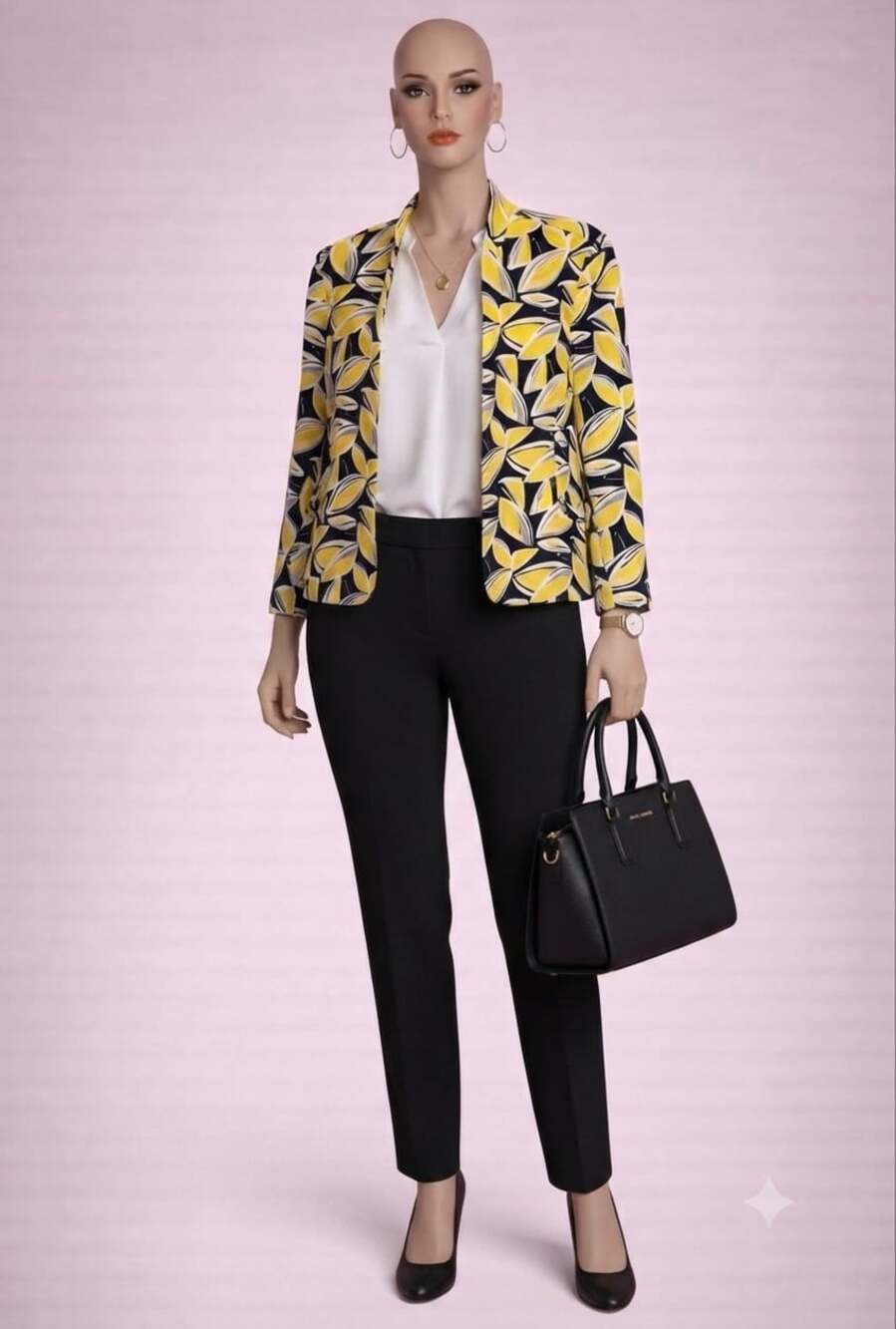 Black Label by Evan-Picone Yellow and Black Leaf Print Open Front Blazer